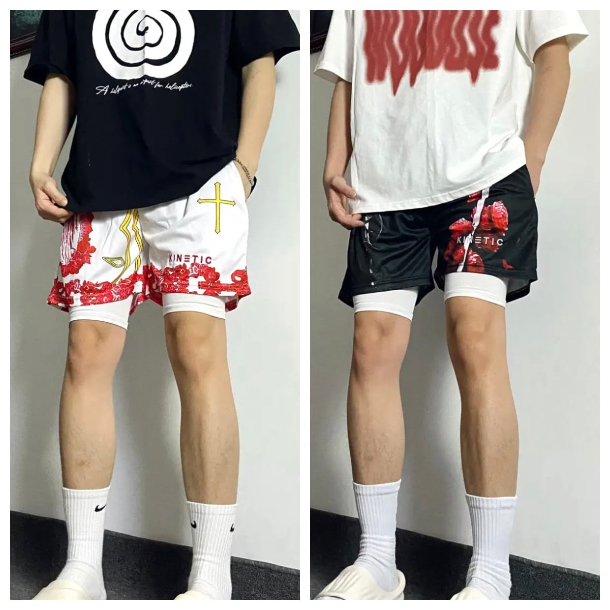 KINE美式四分短褲 假兩件款  潮流刺繡 速乾透氣 健身運動短褲