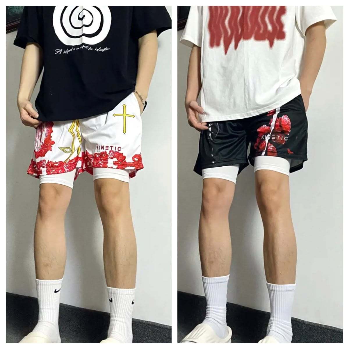 KINE美式四分短褲 假兩件款 潮流刺繡 速乾透氣 健身運動短褲