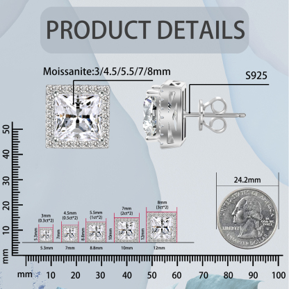 ICECROWN Princess Cut Halo Stud Earrings 925S & VVS Moissanite
