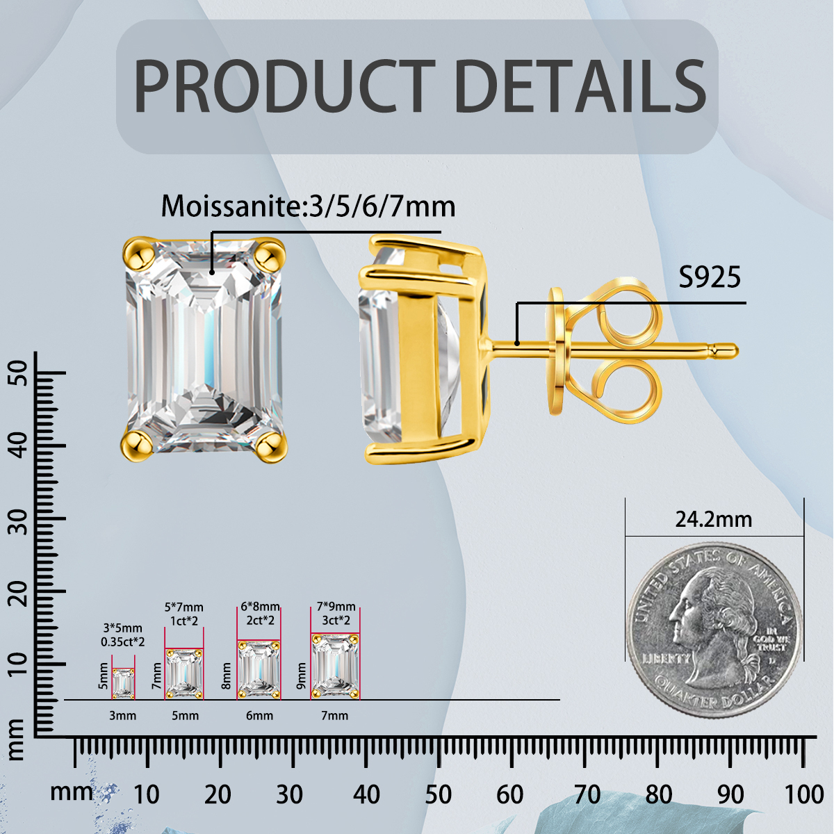 S925 Step Cut Synthetic Moissanite Stud Earrings Gift For Men Women