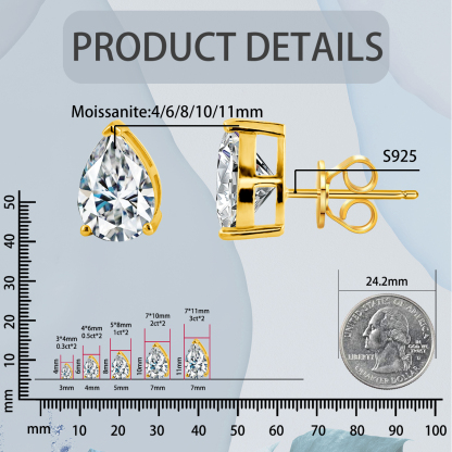 S925 Pear Cut Synthetic Moissanite Prong Stud Earrings For Men Women