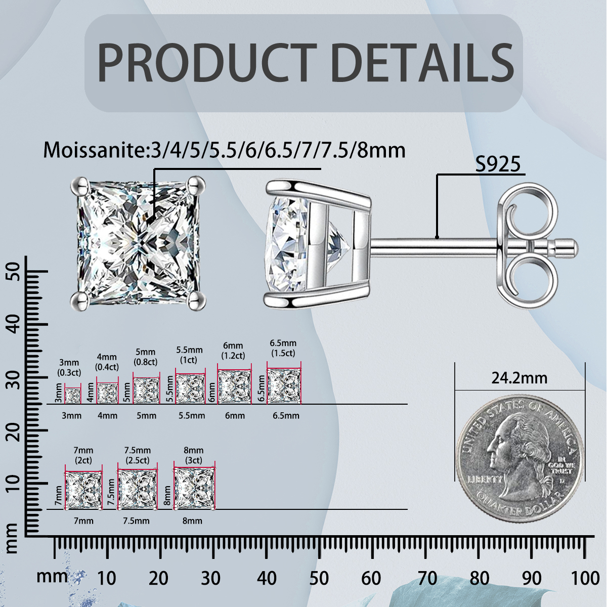 ICECROWN Princess Cut Spark Stud Earrings 925S & VVS Moissanite