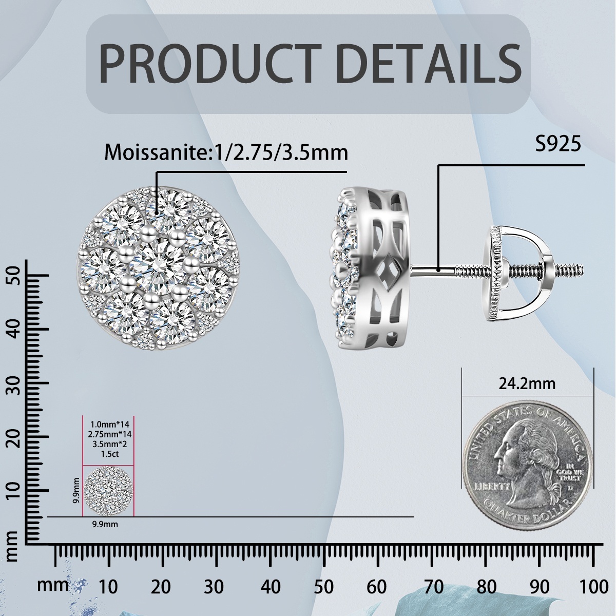 10MM 925S & VVS Moissanite Cluster Halo Stud Earrings