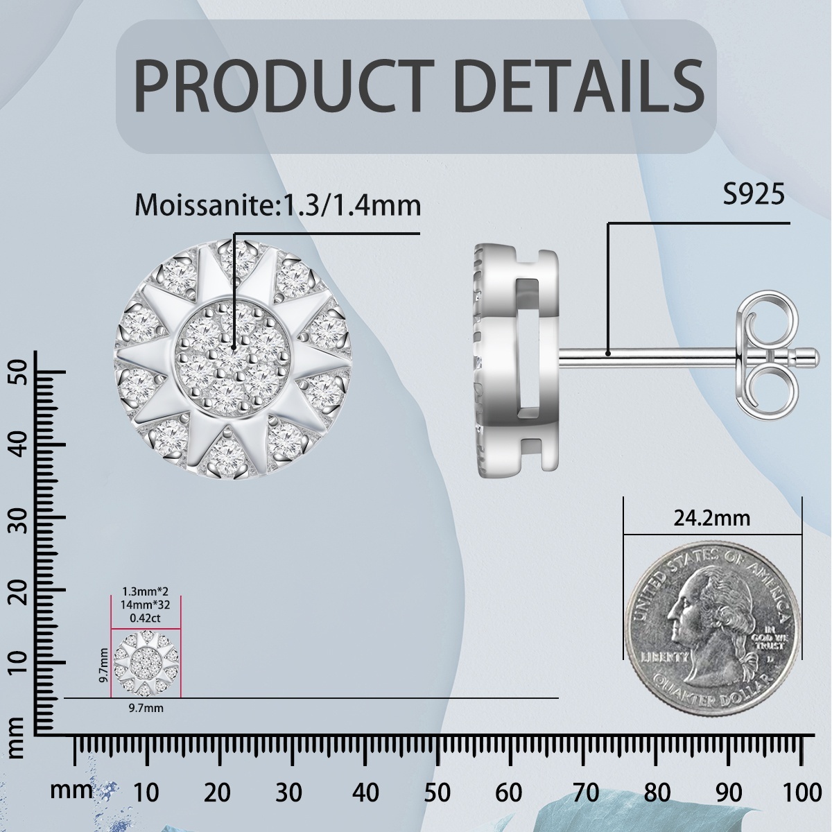 Sunburst Glow Stud Earrings S925 VVS Synthetic Moissanite Studs Unisex Earrings Jewelry Perfect Gift for Men Women Birthday Mother��s Day