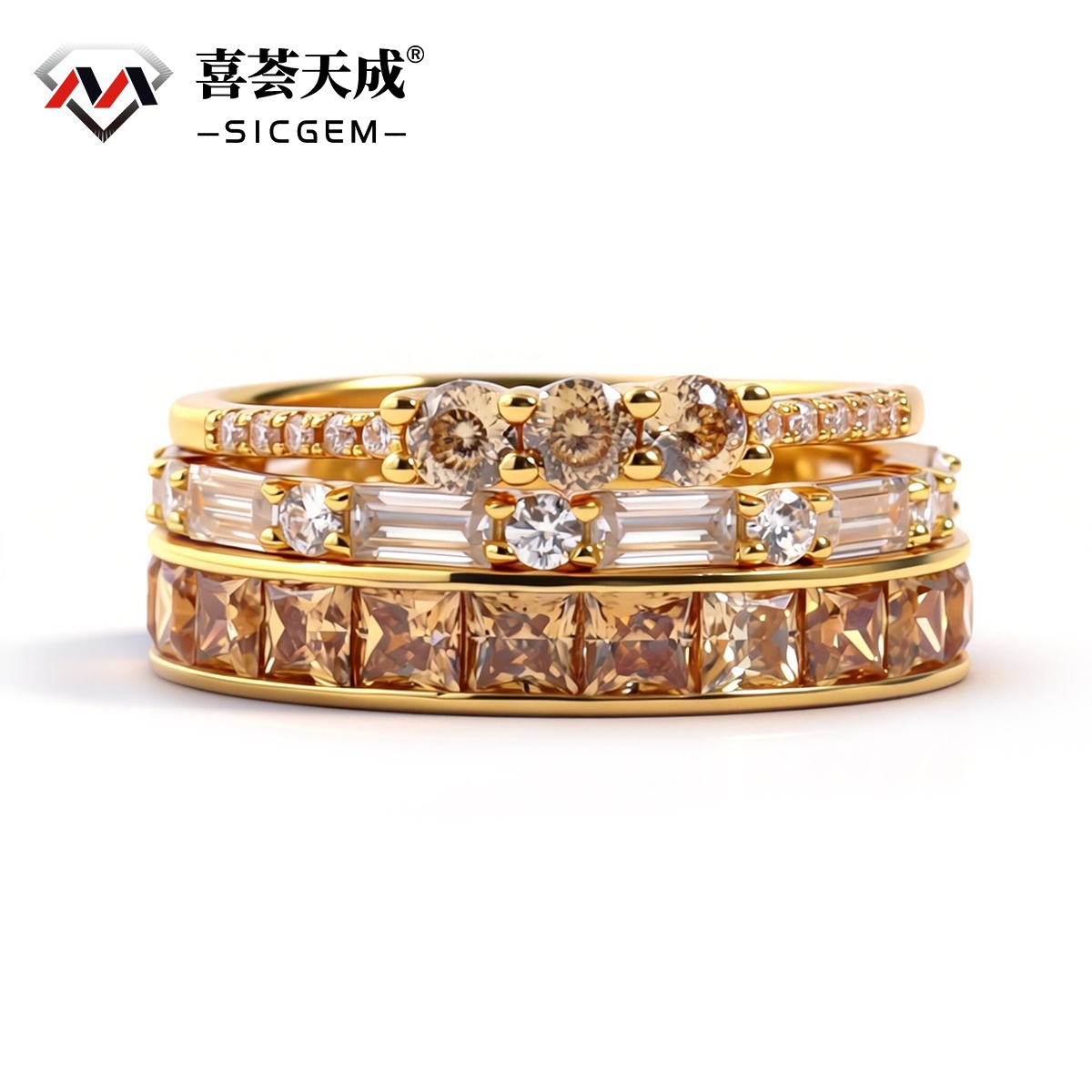 Eternal Trinity Harmony Set Vintage Ring Band Champagne Stacking Ring Synthetic Moissanite Ring Jewelry S925