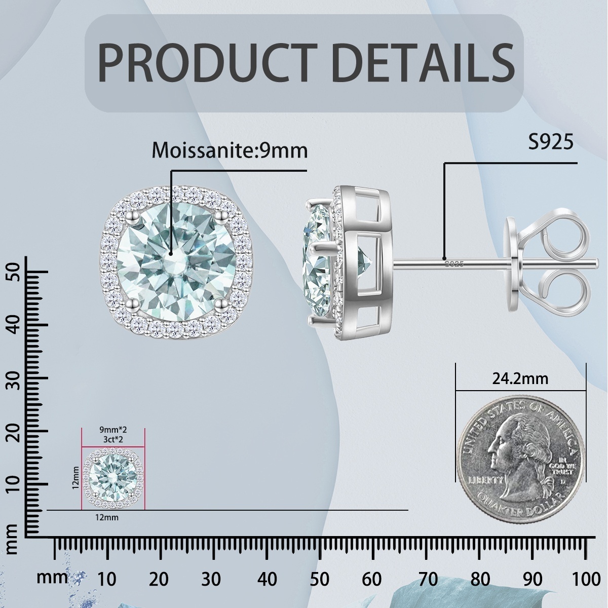 S925 Synthetic Moissanite Colored Halo Square Stud Earrings St Mother's Day Christmas Birthday Gift For Men Women