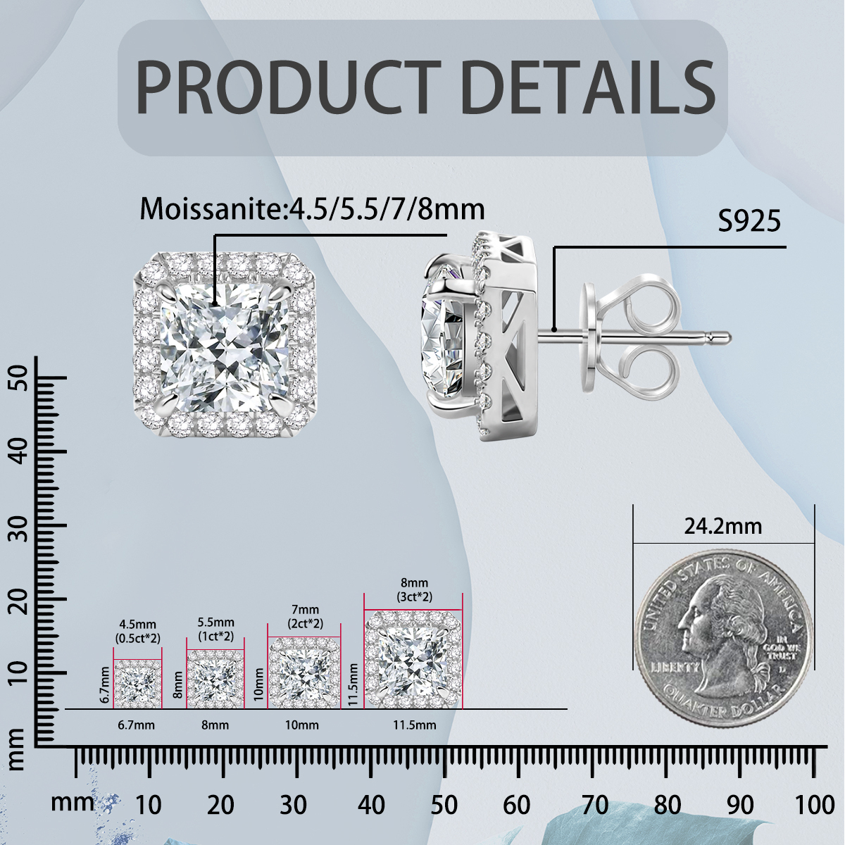 ICECROWN Princess Cut Halo Stud Earrings 925S & VVS Moissanite