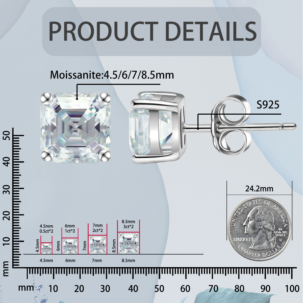 S925 Asscher Cut Synthetic Moissanite Prong Stud Earrings For Men Women