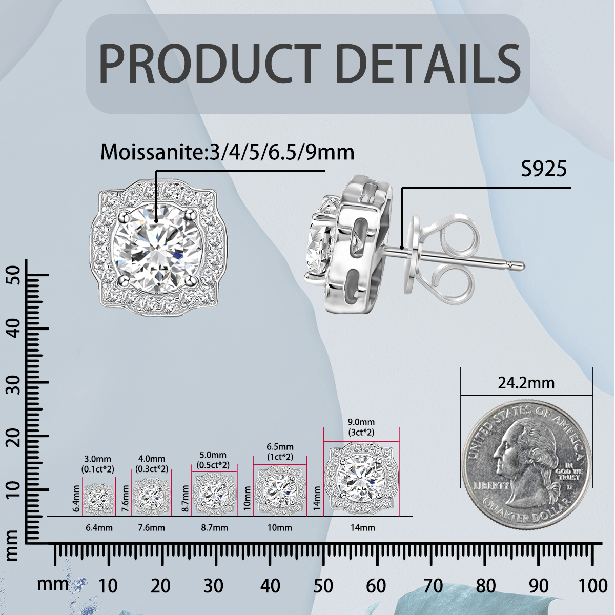 S925 Round Synthetic Moissanite Luxury Stud Earrings Mother's Day Gift For Men Women