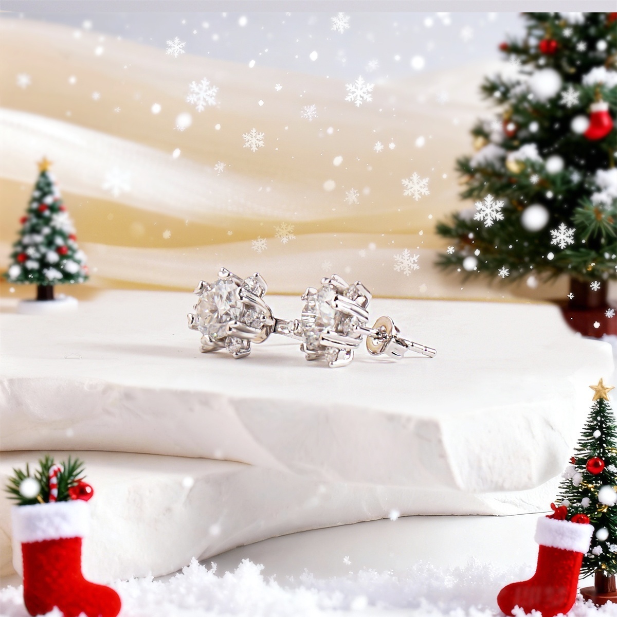 Delzzad 0.5-2ct Snowflake Stud Earrings Synthetic Moissanite Copper Studs Earrings Jewelry Ideal Gift for Any Occasion Birthday Christmas Gifts Wedding Engagement Anniversary Party Gift