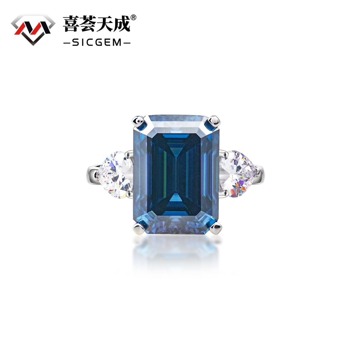 10ct Octagon Synthetic Moissanite Three Stones Ring In 925 Sterling Silver