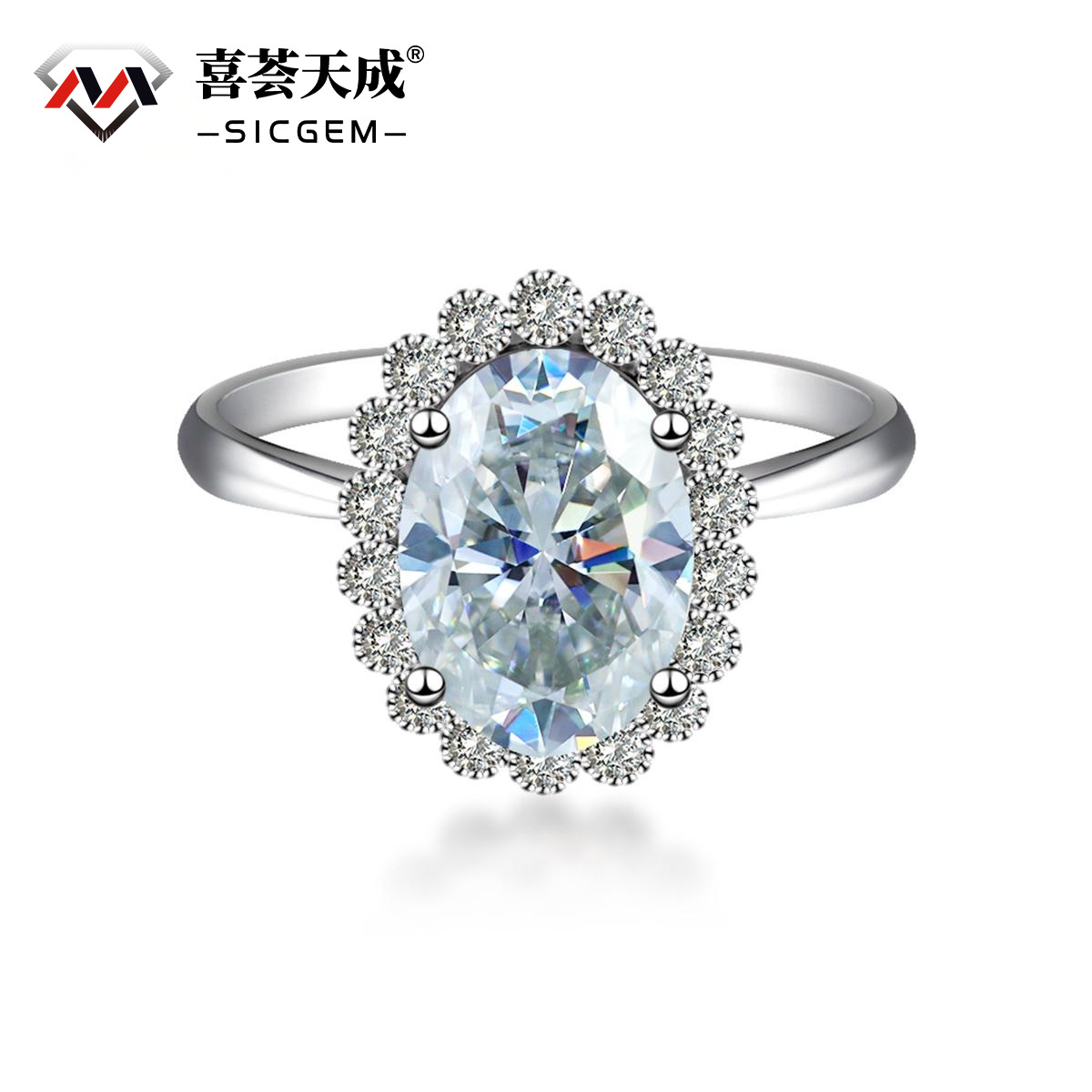 6ct Oval Synthetic Moissanite Halo Flower Ring In 925 Sterling Silver