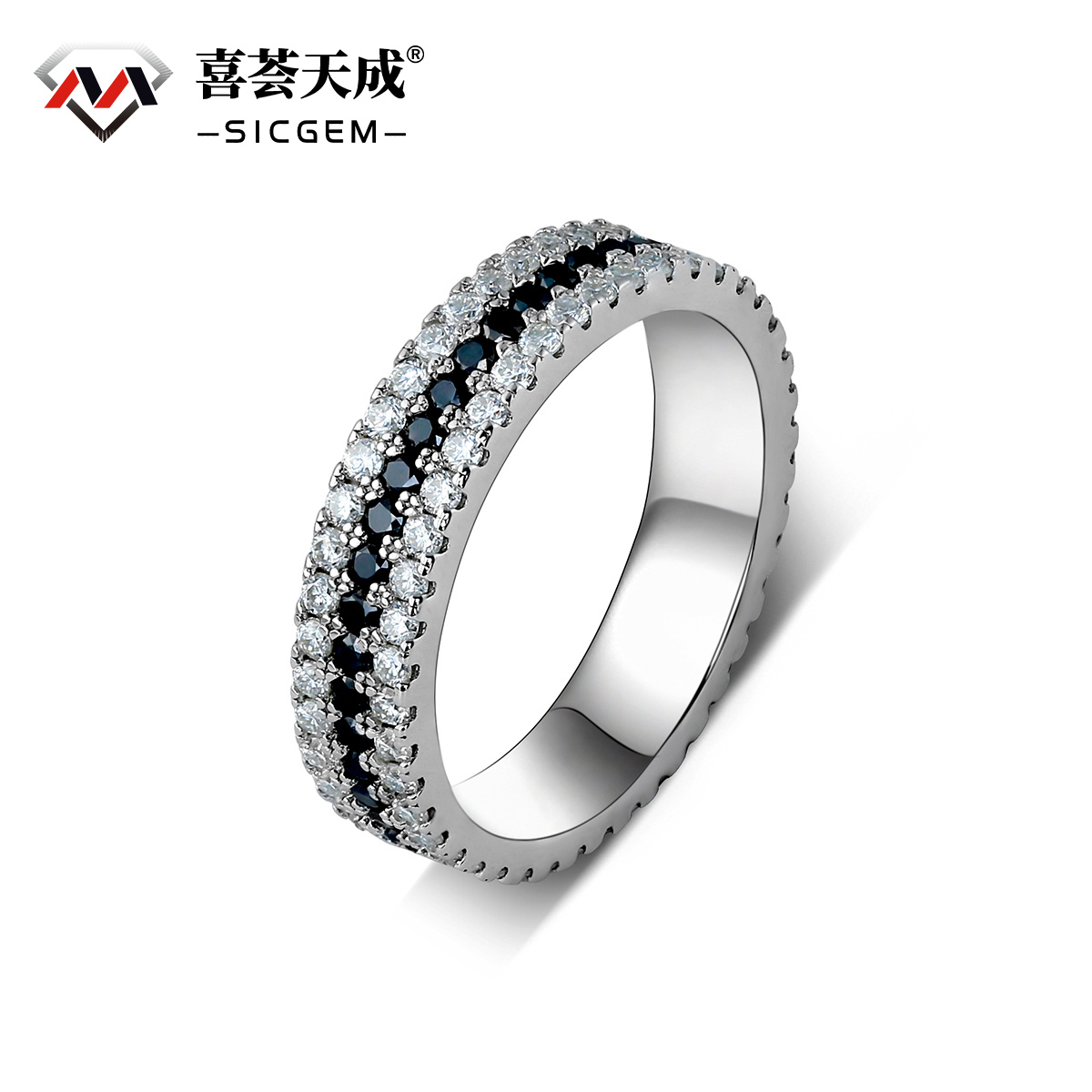 S925 Handmade Black and White Melee Synthetic Moissanite Pave Band