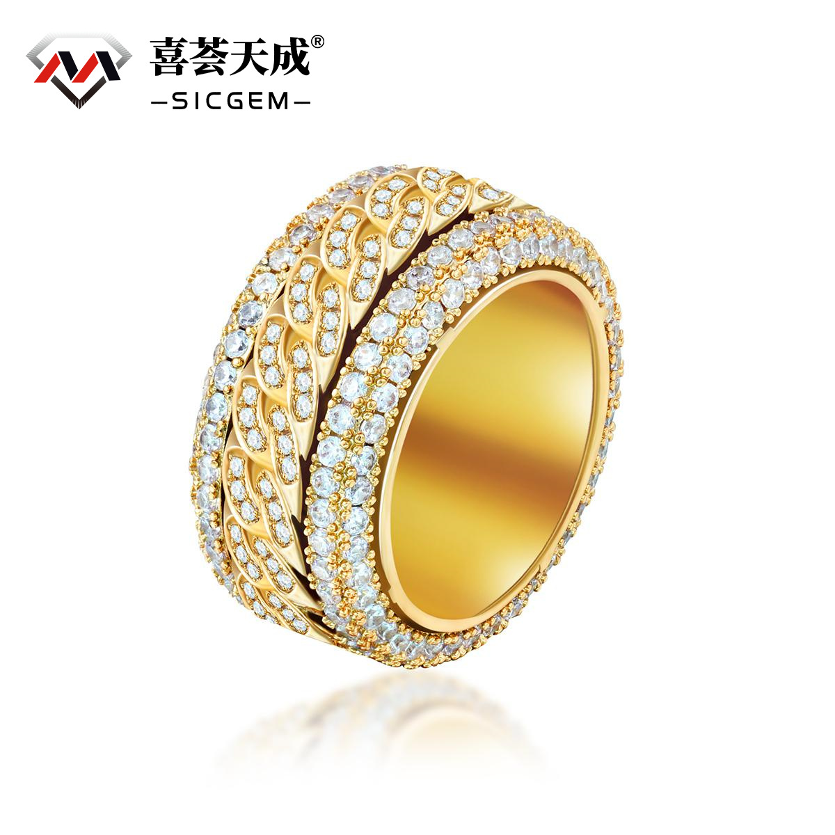 S925 Round VVS Synthetic Moissanite Rotatable Layered Iced Cuban Ring