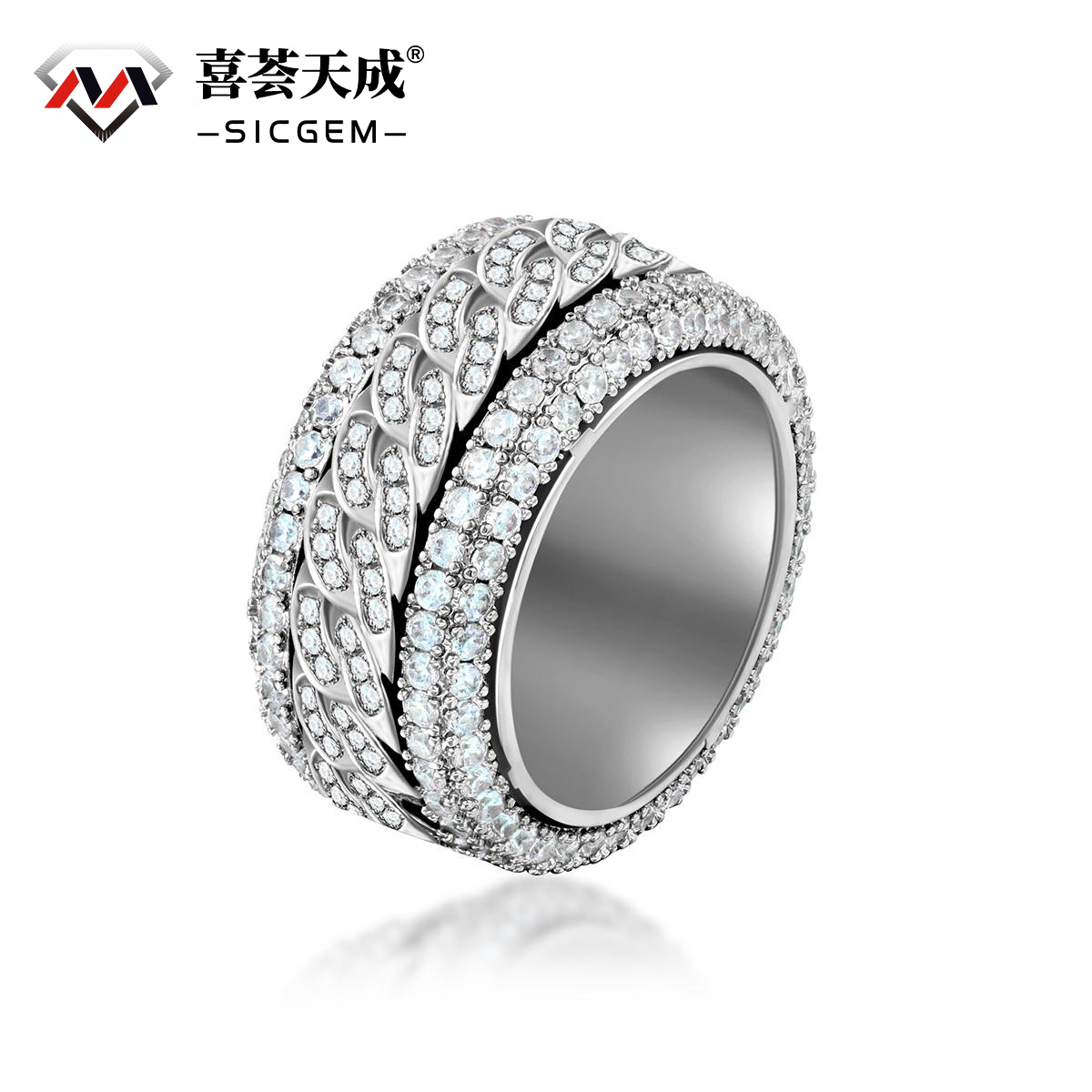 S925 Round VVS Synthetic Moissanite Rotatable Layered Iced Cuban Ring