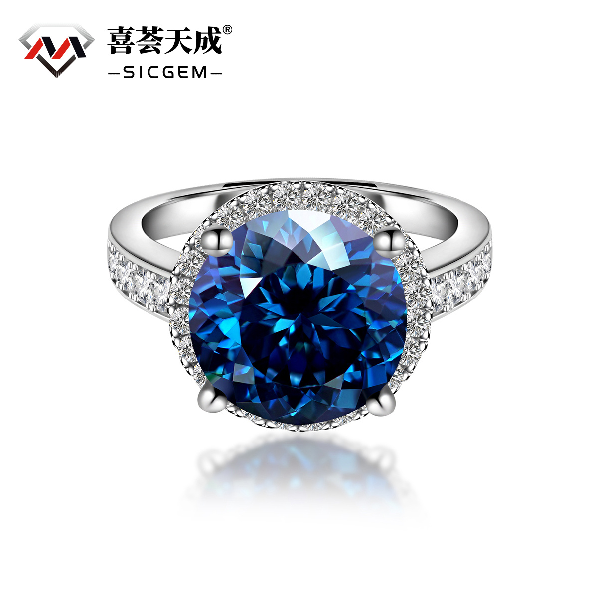 Hundreds Faces Round Synthetic Moissanite Halo Ring In 925 Sterling Silver