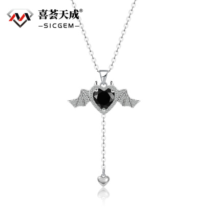 S925 HEART SYNTHETIC MOISSANITE FLYING BAT WING PENDANT NECKLACE