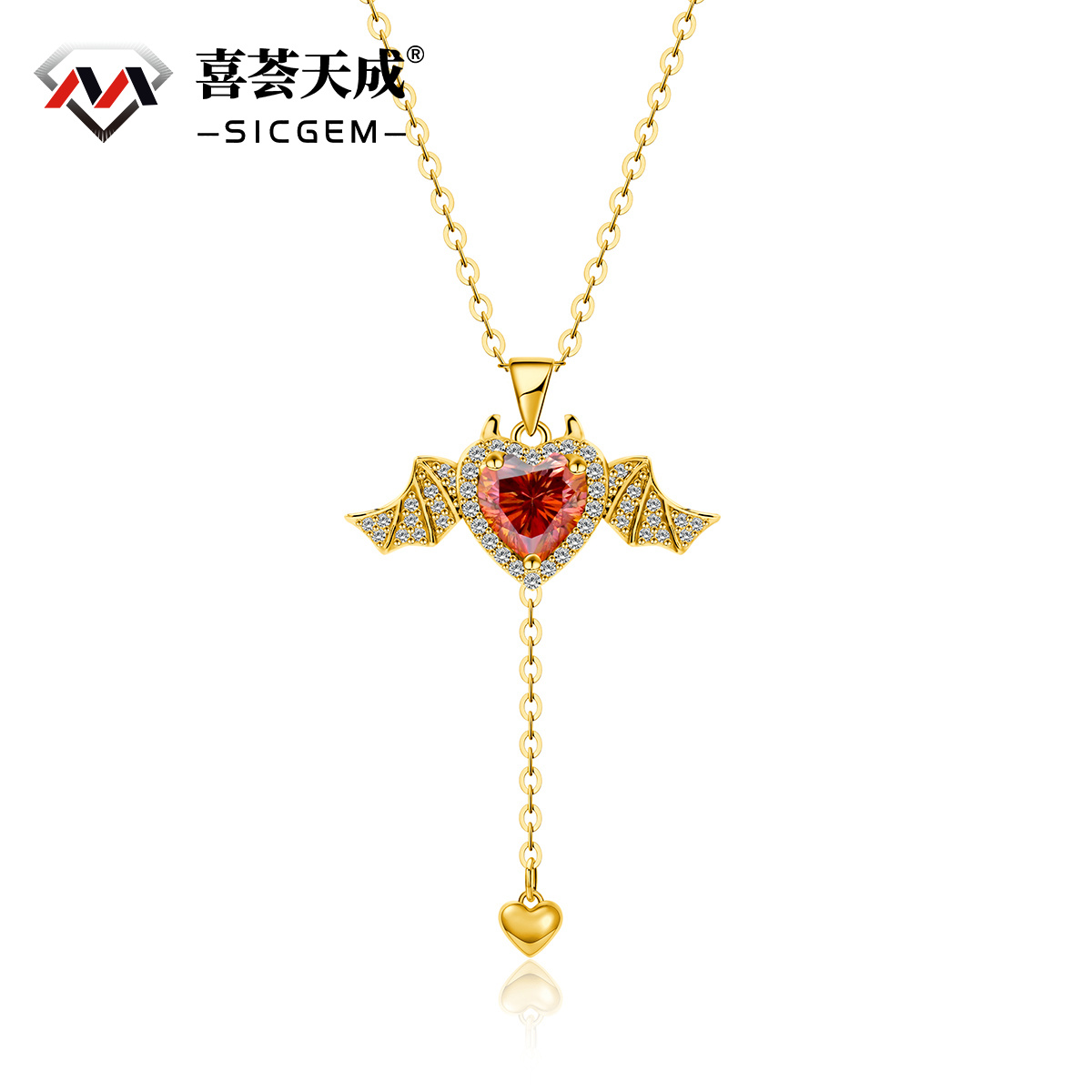 S925 HEART SYNTHETIC MOISSANITE FLYING BAT WING PENDANT NECKLACE
