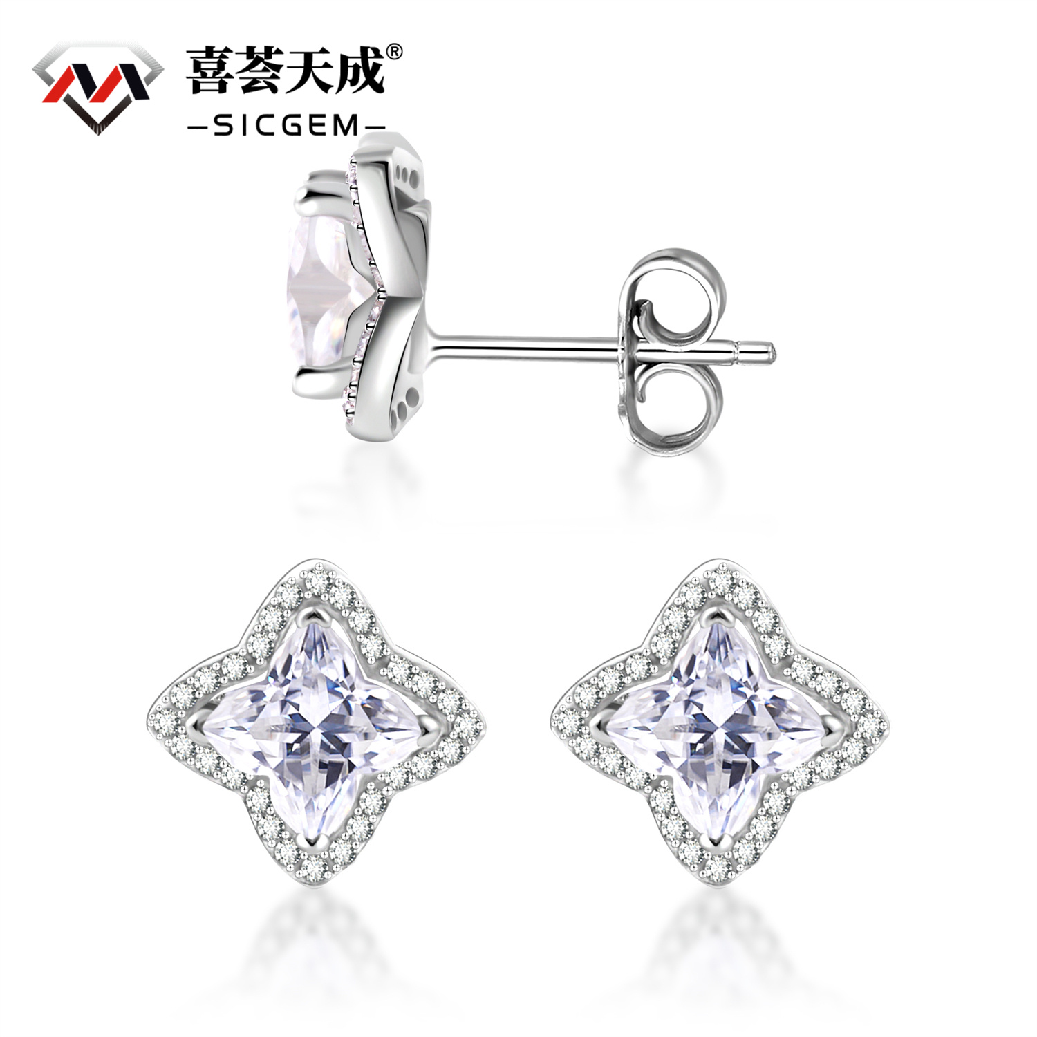 Delzzad S925 Bling Luxury Four-Leaf Clover Earrings Lab-Created Moissanite Stud Earring