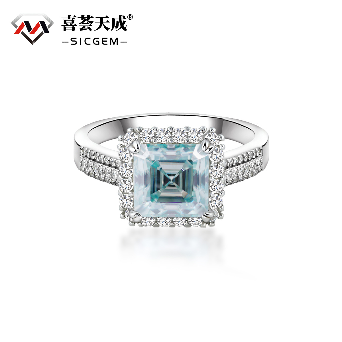 2.5ct Paraiba Asscher Synthetic Moissanite Halo Ring S925 Ring Band Jewelry Perfect Birthday Engagement Wedding Anniversary Gift