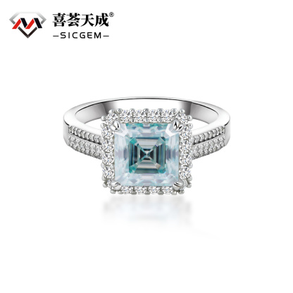 2.5ct Paraiba Asscher Synthetic Moissanite Halo Ring S925 Ring Band Jewelry Perfect Birthday Engagement Wedding Anniversary Gift