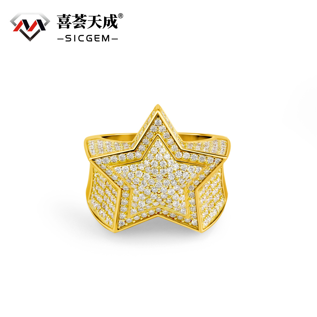 Bling Pentagram Ring Round VVS Synthetic Moissanite S925 Unisex Hip Hop Iced Out Stars Ring Band Perfect for Any Occasion & Everyday Wear Birthday Anniversary Mother's Day Gifts for Men Women
