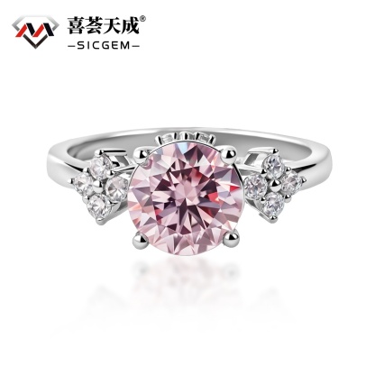 【Celestial Rose Trio】Pink Four-Prong Stud Earrings Necklace Ring Band Set Pink Synthetic Moissanite Set Copper Jewelry Set