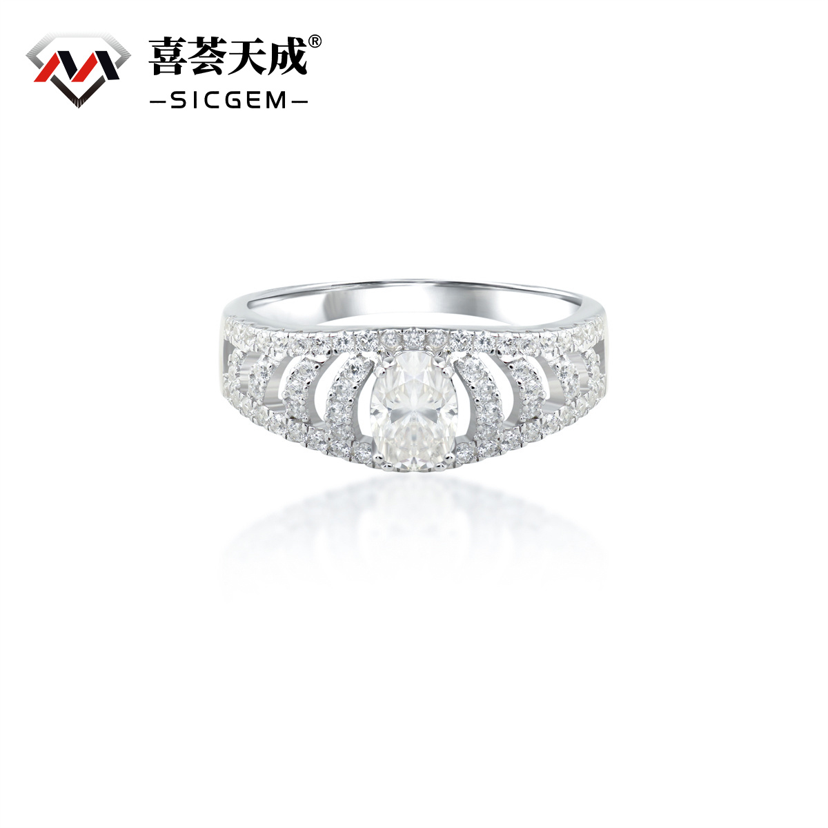 1ct Oval Cut Synthetic Moissanite Enchanted Engagement Ring with Side Stones In 925 Sterling Silver
