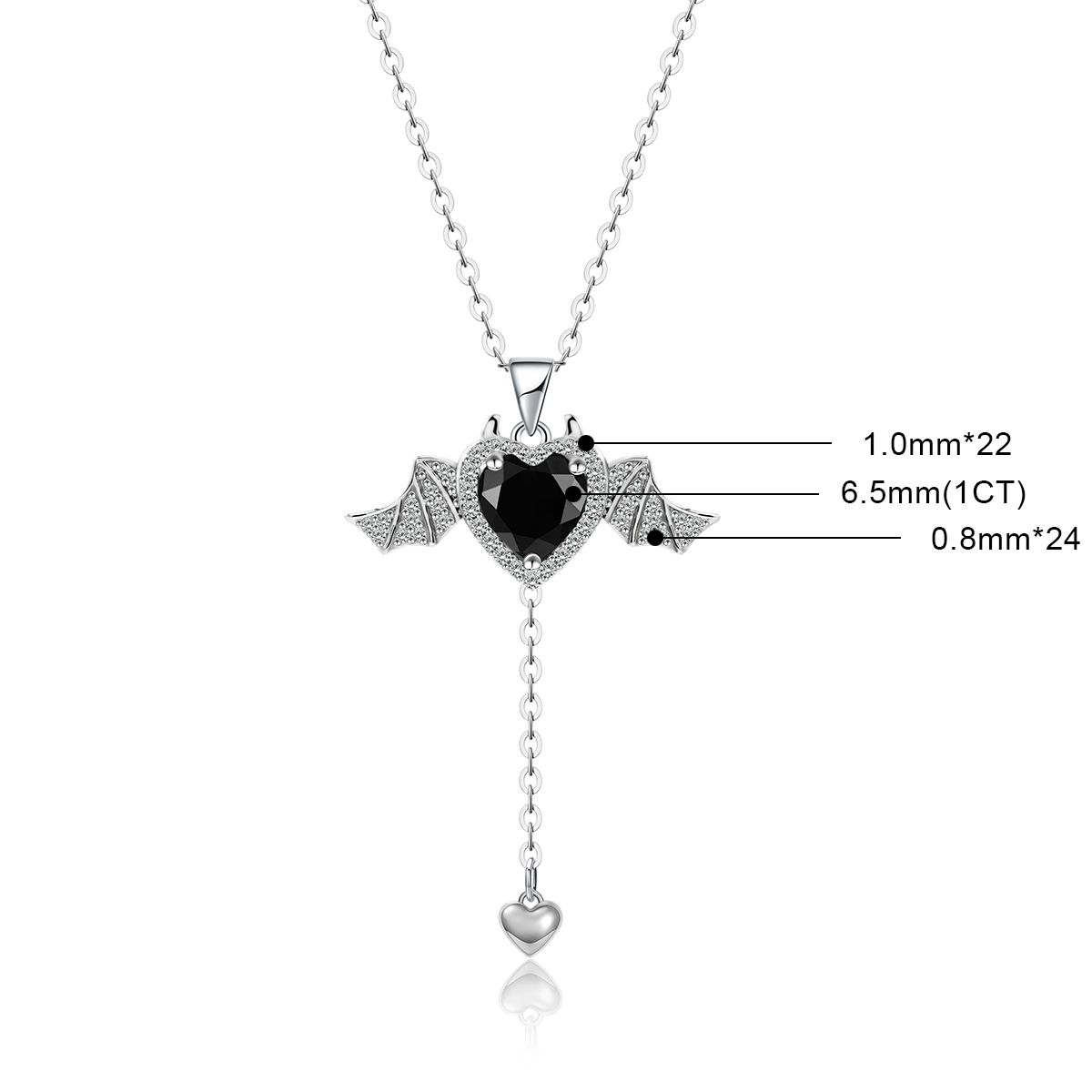 S925 HEART SYNTHETIC MOISSANITE FLYING BAT WING PENDANT NECKLACE