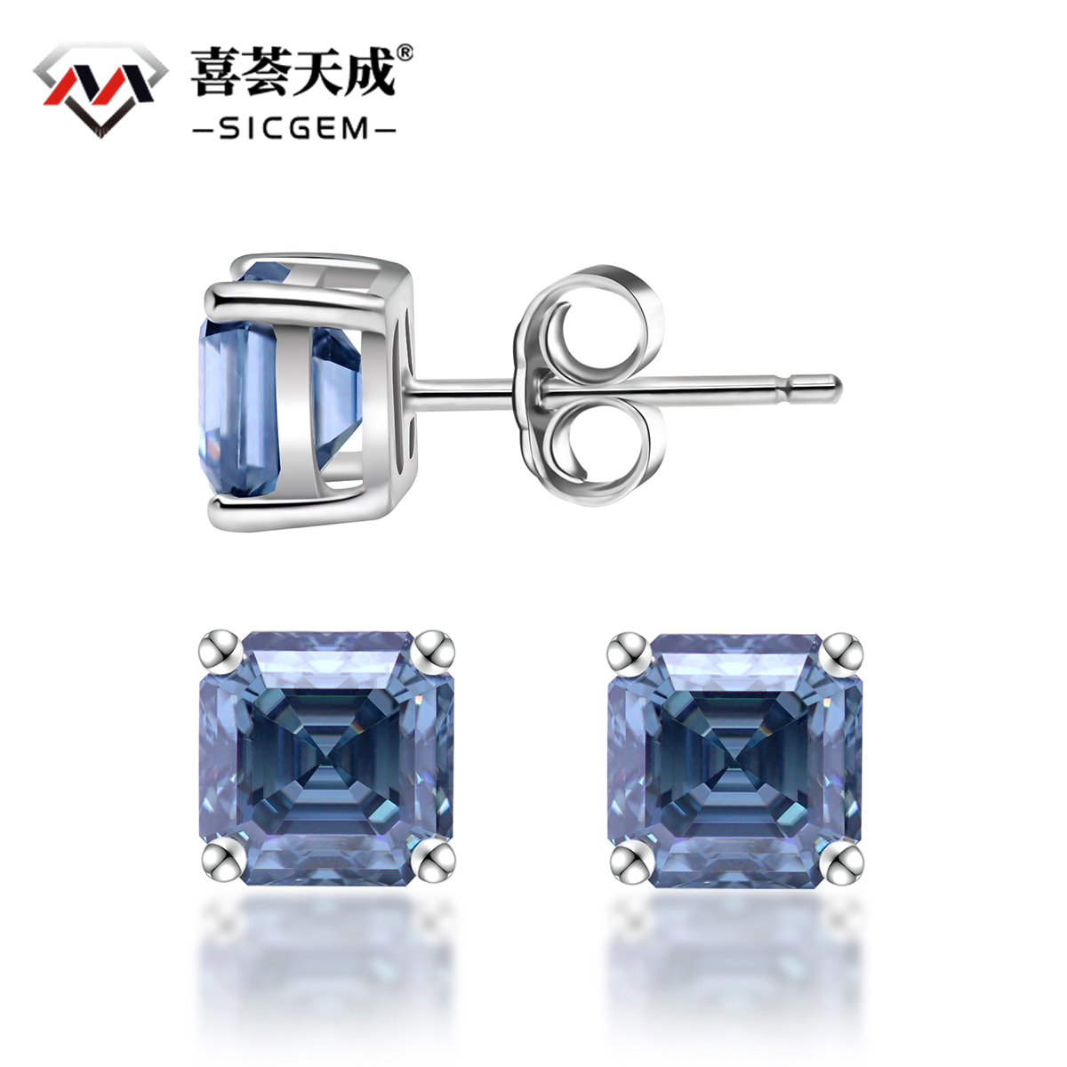 S925 Asscher Cut Synthetic Moissanite Prong Stud Earrings For Men Women