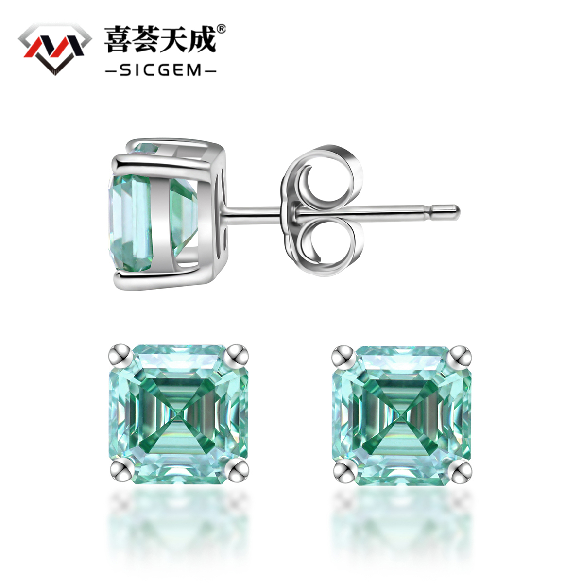 S925 Asscher Cut Synthetic Moissanite Prong Stud Earrings For Men Women