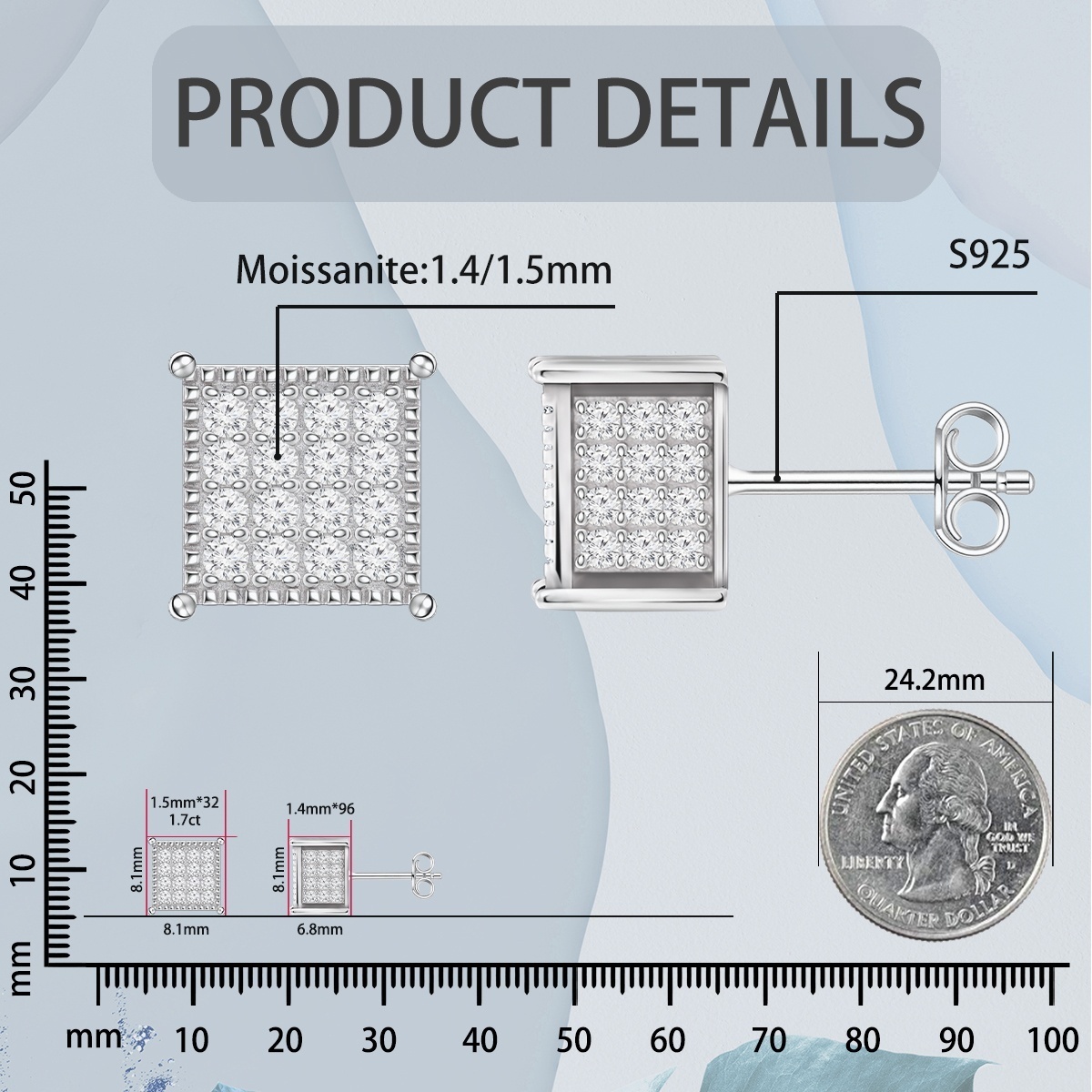 1.7ct Round Hip Hop Iced Out Cubic Earrings D Color Synthetic Moissanite S925 Stud Unisex Earrings