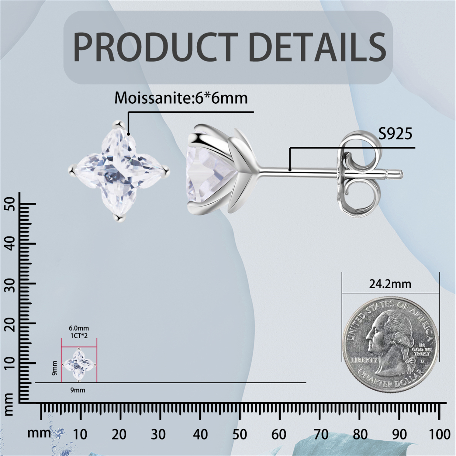 Delzzad Solitaire Clover Stud Earrings Lab-Created Moissanite Stud Earring S925 Sterling Silver Moissanite Jewelry Perfect Birthday Gift for Men Women Wedding Set