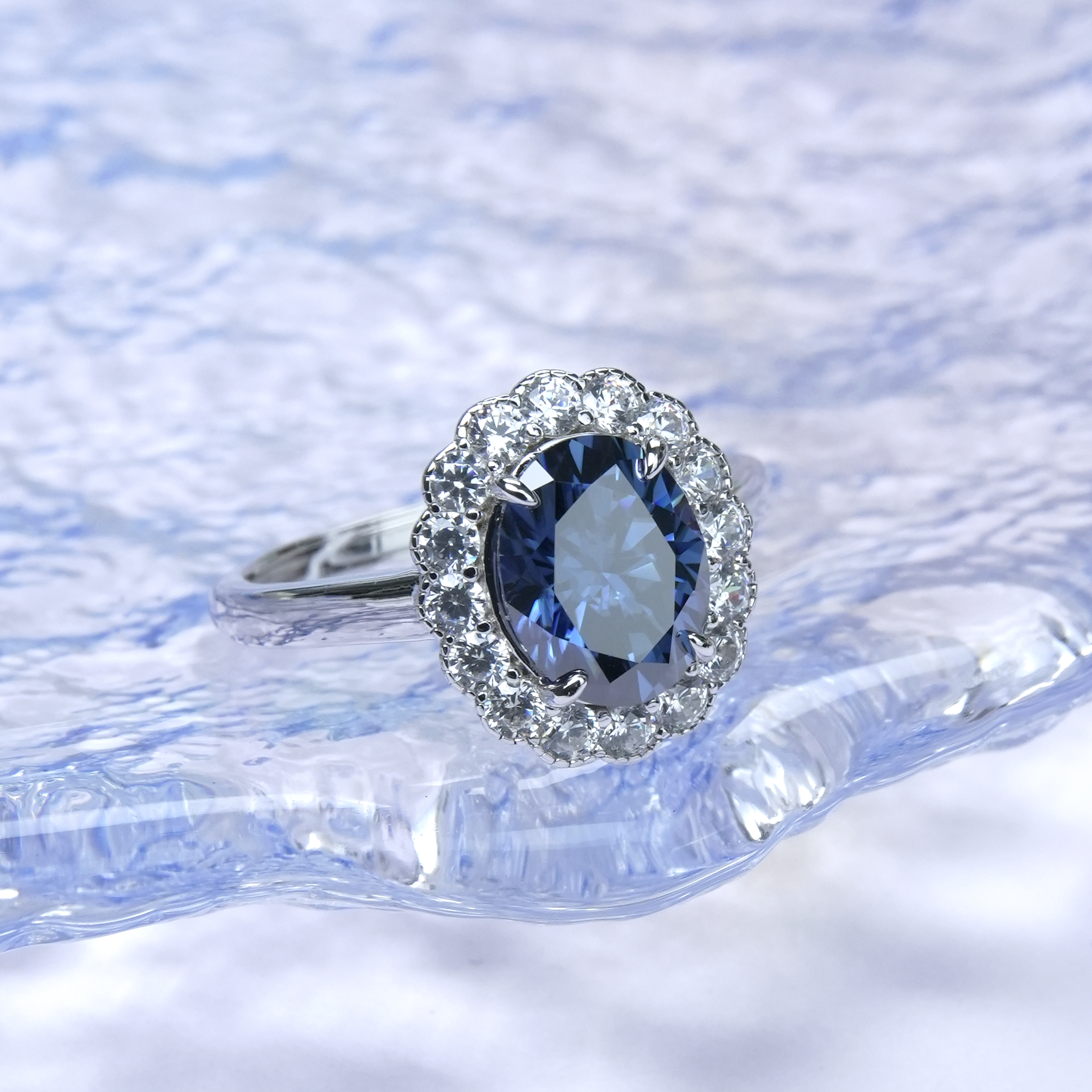 6ct Oval Synthetic Moissanite Halo Flower Ring In 925 Sterling Silver