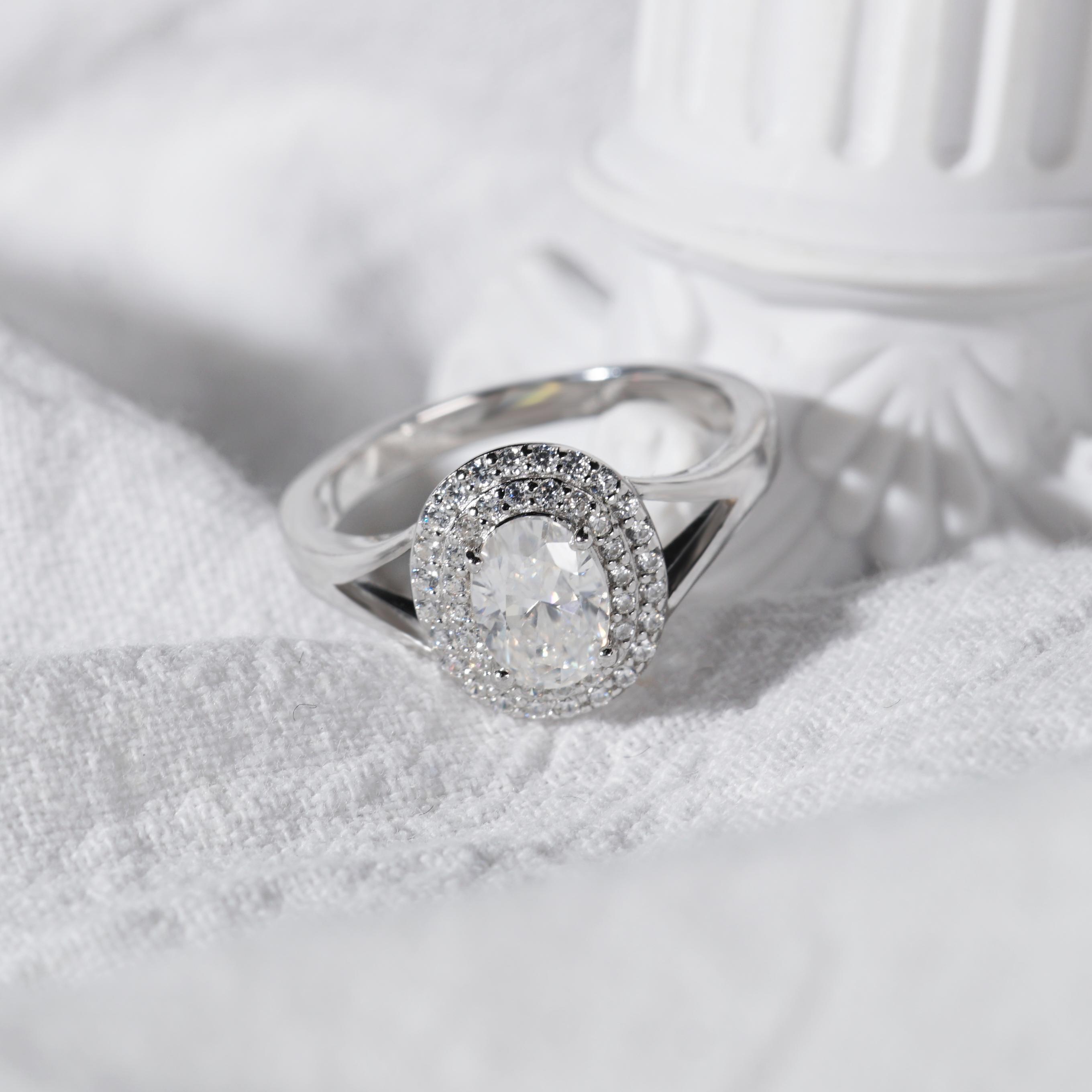 1ct Oval Synthetic Moissanite Double Halo Ring In 925 Sterling Silver Ring Band Jewelry Perfect Birthday Engagement Wedding Anniversary Gift for Women