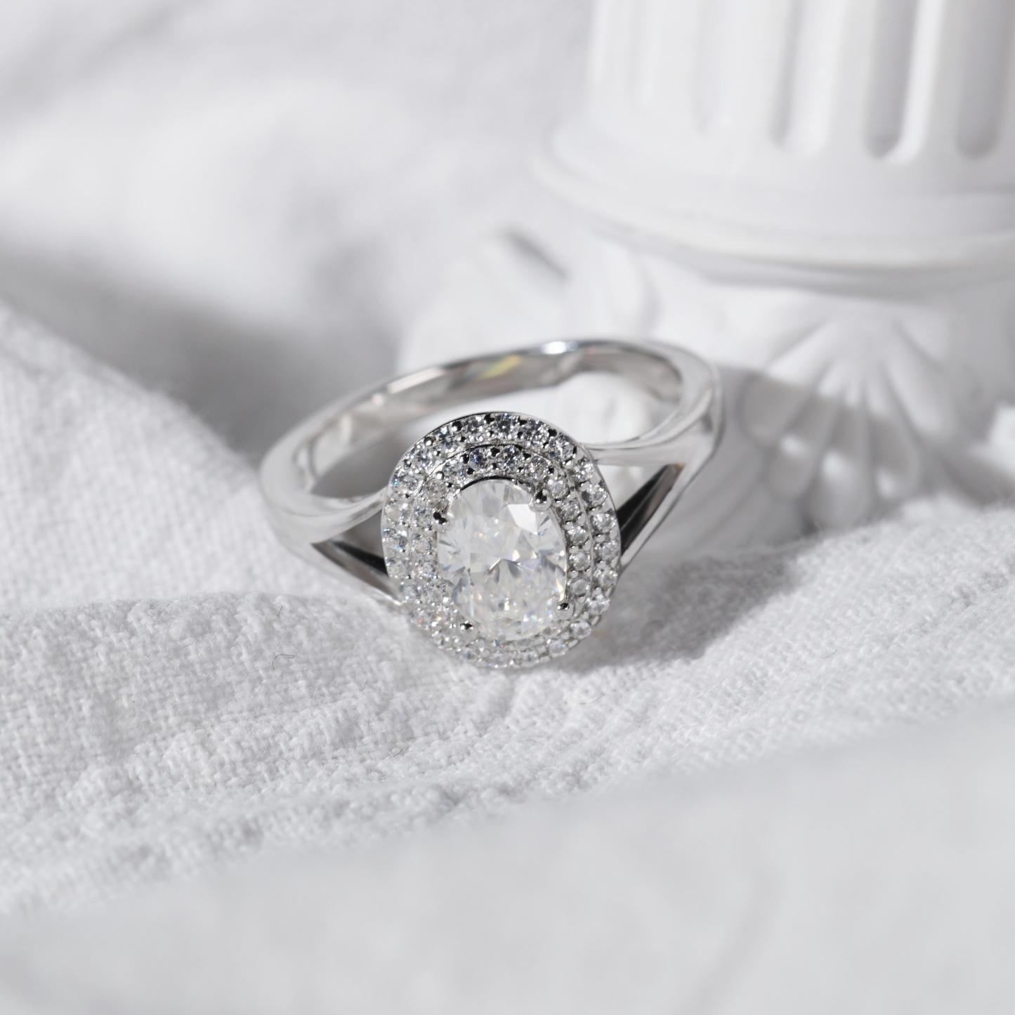 1ct Oval Synthetic Moissanite Double Halo Ring In 925 Sterling Silver Ring Band Jewelry Perfect Birthday Engagement Wedding Anniversary Gift for Women