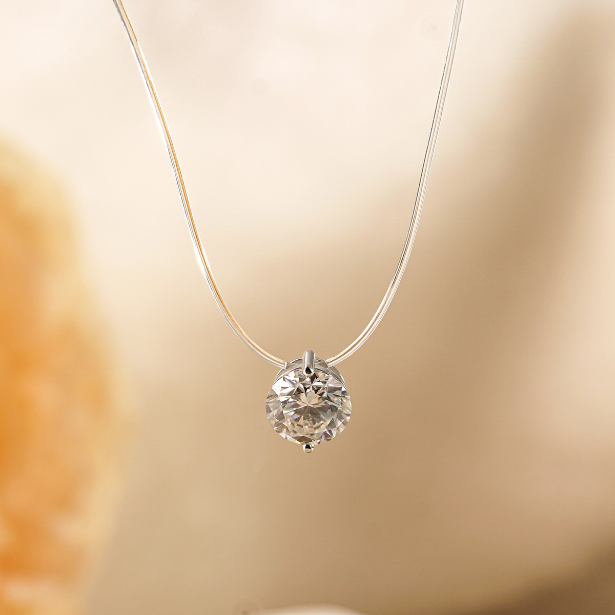 Synthetic Moissanite Solitaire Two Prong Fishing Line Pendant Choker Necklace Clear Chain S925 Bling Necklace Chain