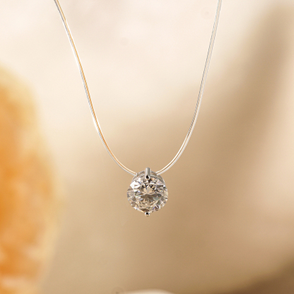 Synthetic Moissanite Solitaire Two Prong Fishing Line Pendant Choker Necklace Clear Chain S925 Bling Necklace Chain