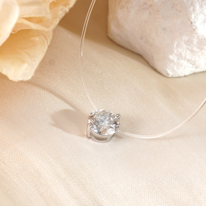 Synthetic Moissanite Solitaire Two Prong Fishing Line Pendant Choker Necklace Clear Chain S925 Bling Necklace Chain