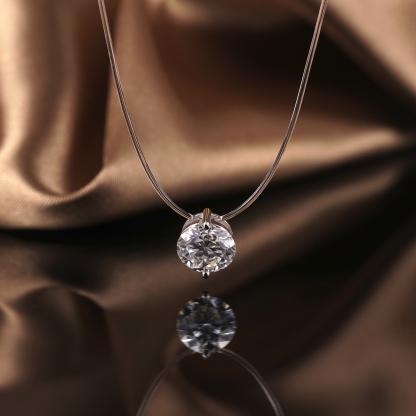 Synthetic Moissanite Solitaire Two Prong Fishing Line Pendant Choker Necklace Clear Chain S925 Bling Necklace Chain