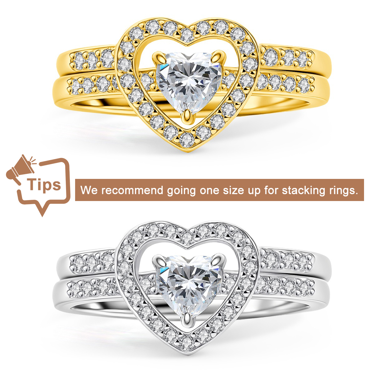 Halo Heart Cut Ring Set Heart Pair Stacking Ring Band D Color VVS Synthetic Moissanite Ring Jewelry Copper Band Wedding Band Engagement Ring Set Promise Ring Women's Ring for Engagement, Wedding Anniversary & Valentine's Day Gifts