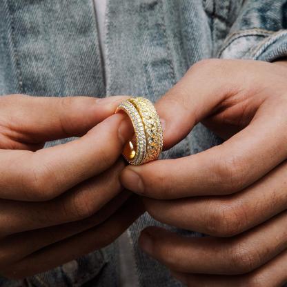 S925 Round VVS Synthetic Moissanite Rotatable Layered Iced Cuban Ring