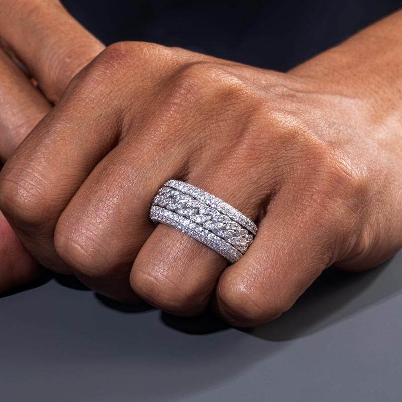 S925 Round VVS Synthetic Moissanite Rotatable Layered Iced Cuban Ring