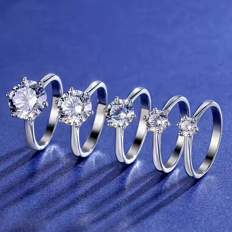 S925 1-2ct Round VVS Synthetic Moissanite Classic Six-Prong Ring Band Anniversary Mother's Day Gifts