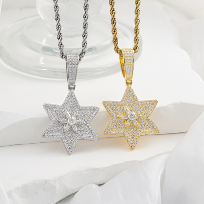 S925 D Color Synthetic Moissanite Unisex 2.2ct Round Trapezoid Cut Hexagram Necklace