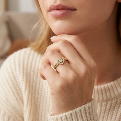 Halo Heart Cut Ring Set Heart Pair Stacking Ring Band D Color VVS Synthetic Moissanite Ring Jewelry Copper Band Wedding Band Engagement Ring Set Promise Ring Women's Ring for Engagement, Wedding Anniversary & Valentine's Day Gifts