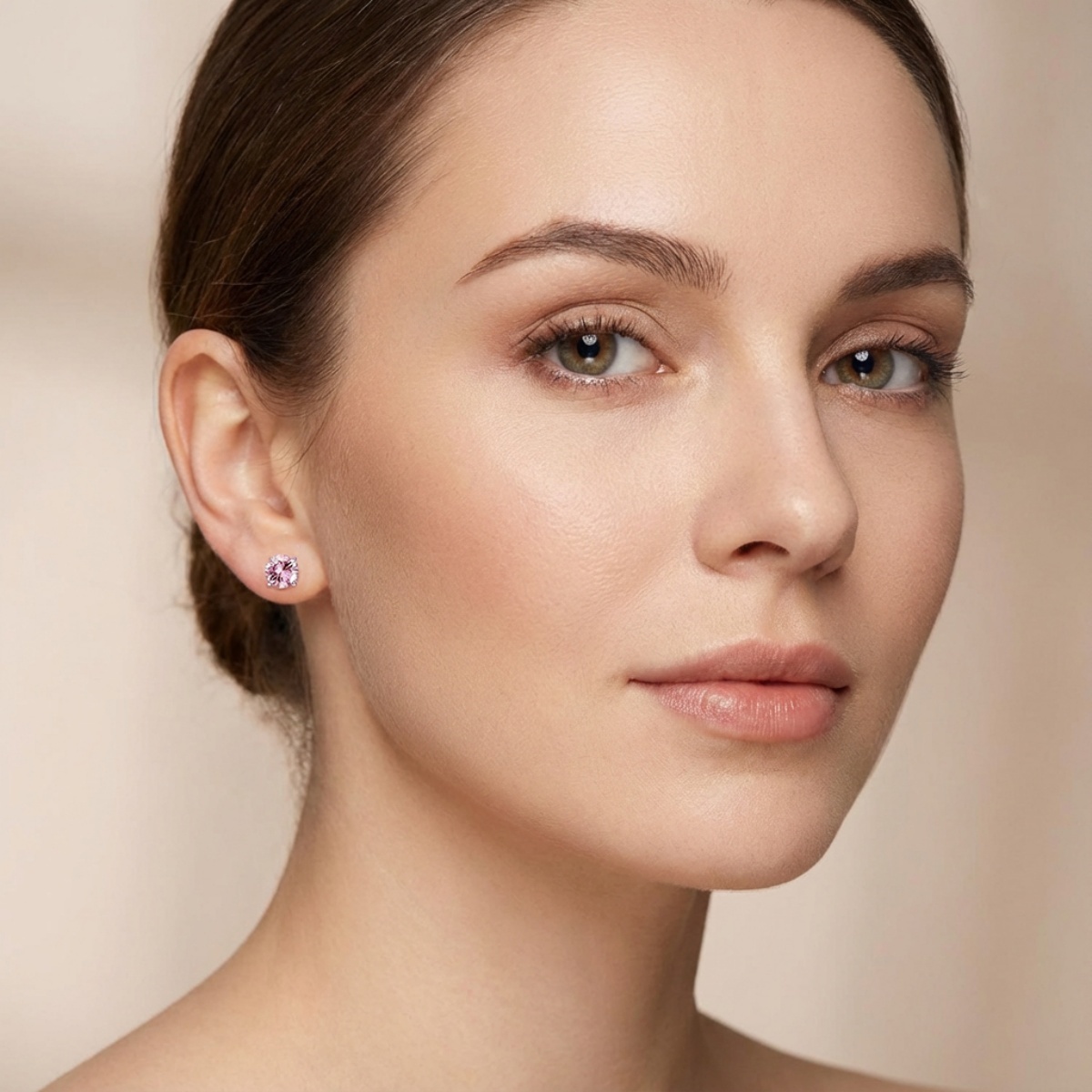 【Celestial Rose Trio】Pink Four-Prong Stud Earrings Necklace Ring Band Set Pink Synthetic Moissanite Set Copper Jewelry Set