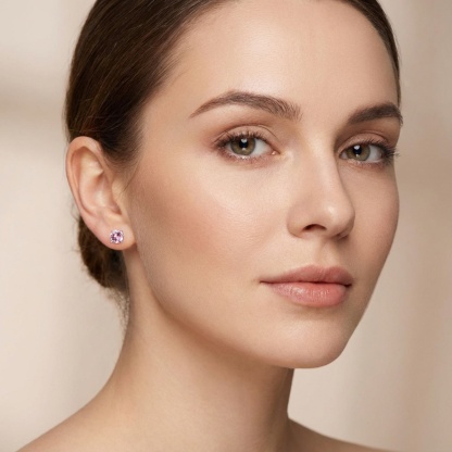【Celestial Rose Trio】Pink Four-Prong Stud Earrings Necklace Ring Band Set Pink Synthetic Moissanite Set Copper Jewelry Set