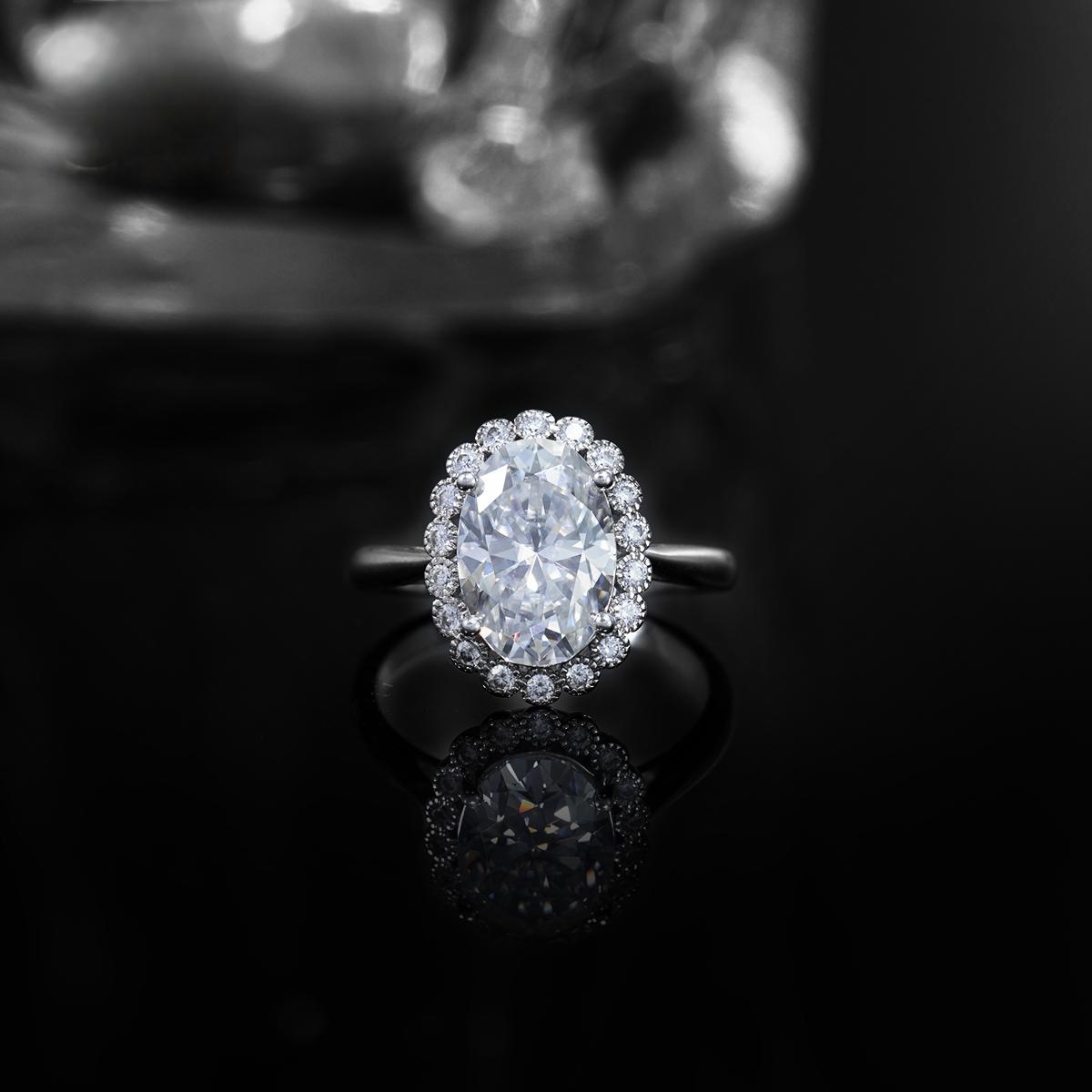 6ct Oval Synthetic Moissanite Halo Flower Ring In 925 Sterling Silver