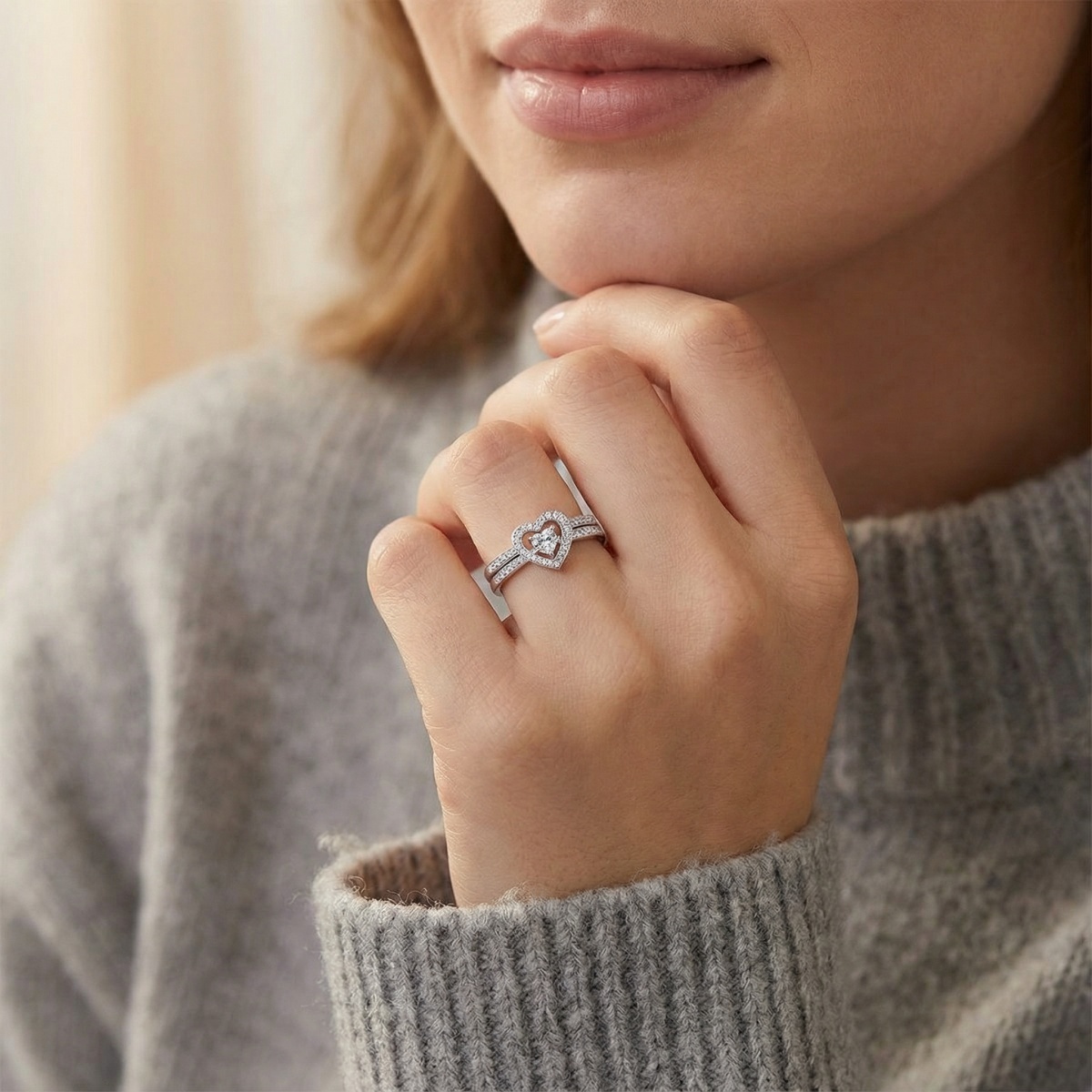 Halo Heart Cut Ring Set Heart Pair Stacking Ring Band D Color VVS Synthetic Moissanite Ring Jewelry Copper Band Wedding Band Engagement Ring Set Promise Ring Women's Ring for Engagement, Wedding Anniversary & Valentine's Day Gifts